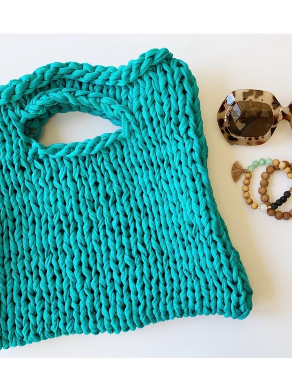 Handmade Chunky Knit Tote Bag in Teal